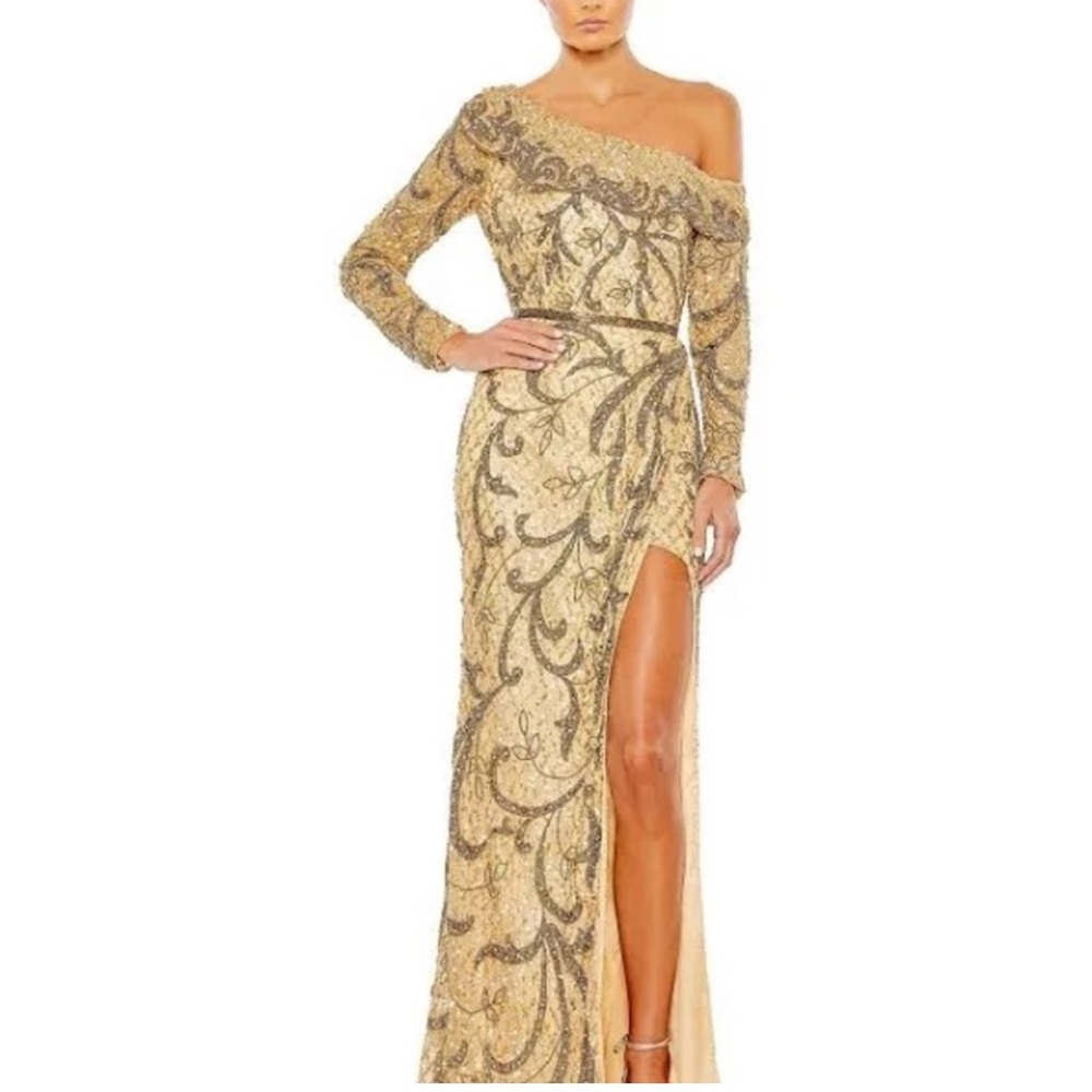 (63) BNWT MAC DUGGAL 5639 EMBELLISHED ONE SHOULDER LONG SLEEVE FAUX WRAP GOWN